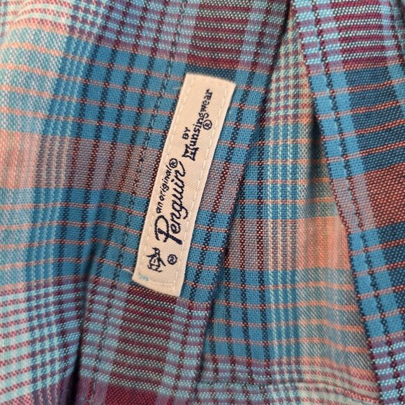 Original Penguin Shirt Mens 2XL Blue Pink Plaid Button Down Mosaic EcoVero Logo - Picture 8 of 16